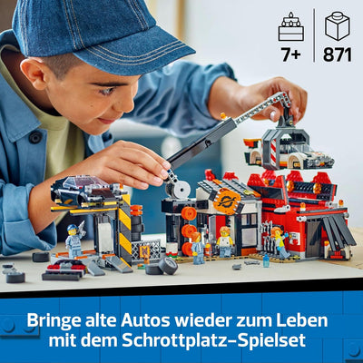 LEGO City Schrottplatz mit Autos - Spielzeug mit Schrottpresse und Kran, 2 Spielzeugautos, 4 Arbeite