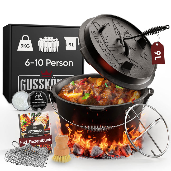 Dutch Oven Set 9 Liter [für 6–10 Person]–Eingebrannter Feuertopf ohne Füsse + praktischem Deckelhebe