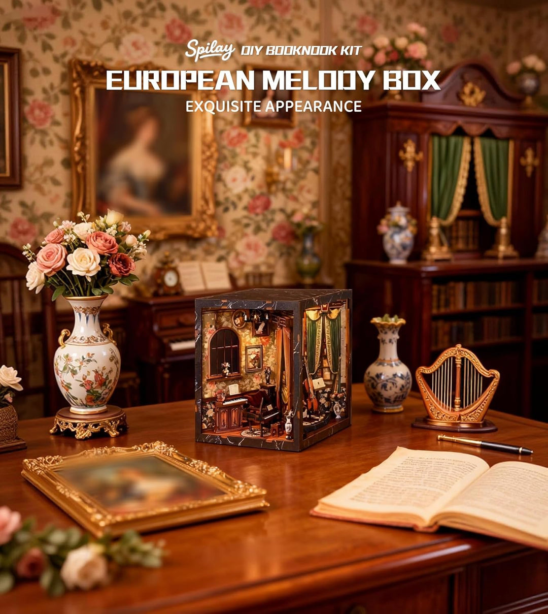 Spilay Miniatur Haus, European Melody Box DIY Miniature House mit LED-Licht, 3D Holz Puppenhaus Bast