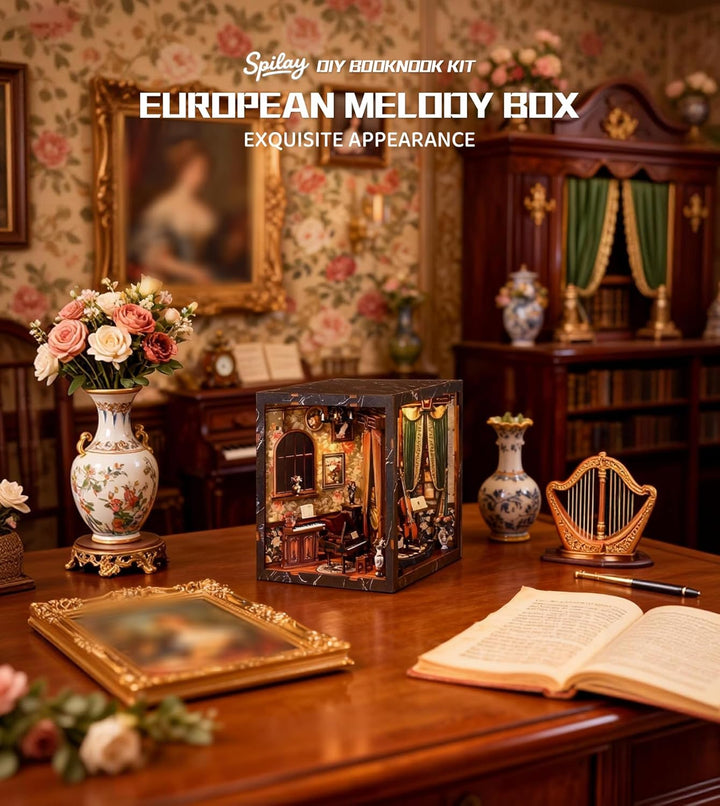 Spilay Miniatur Haus, European Melody Box DIY Miniature House mit LED-Licht, 3D Holz Puppenhaus Bast