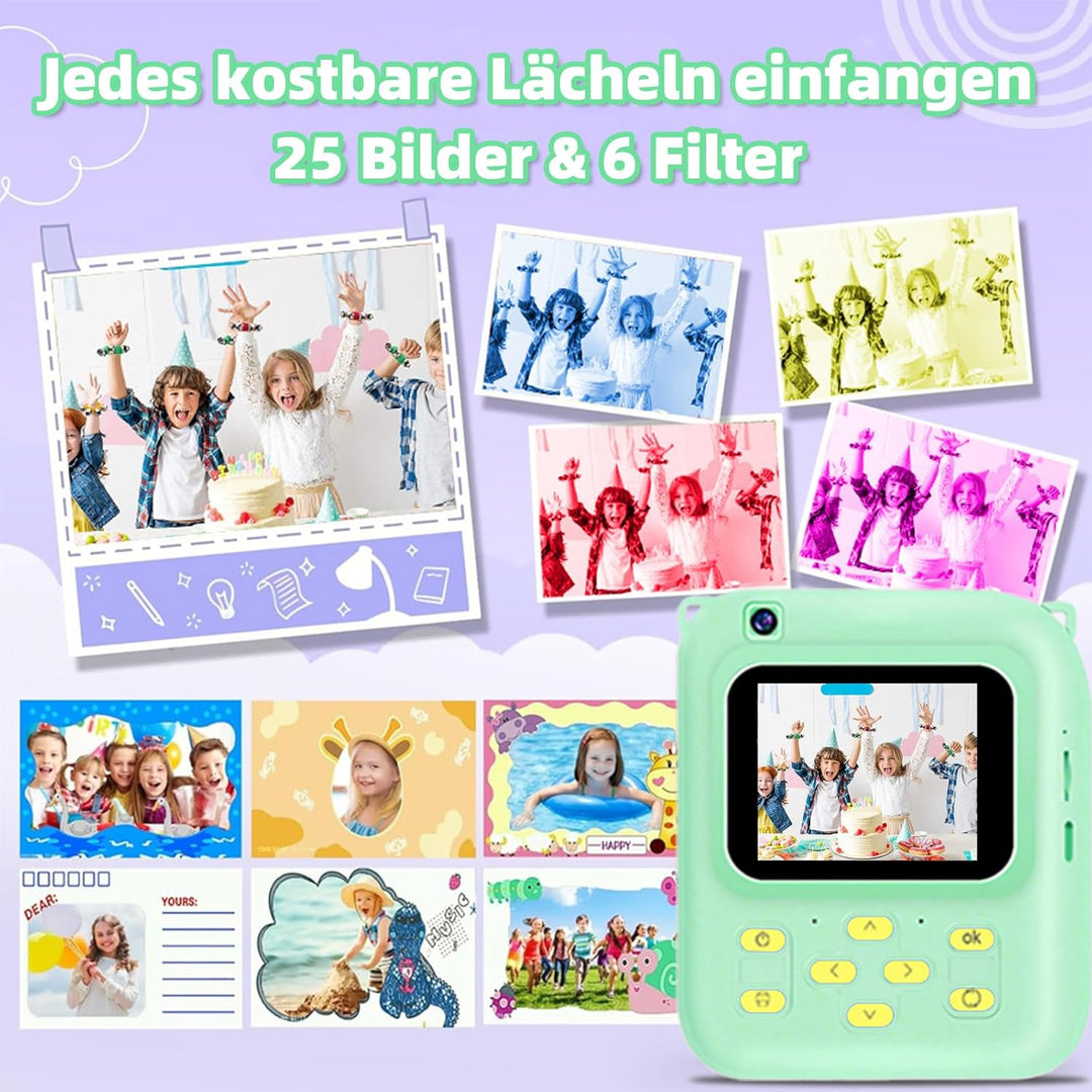 Sofortbildkamera Kinder, 1080P Digitalkamera mit 3 Druckrollen, 32GB Karte & Hülle, Kinderkamera mit