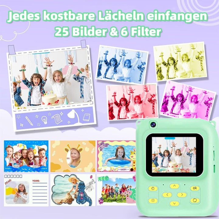 Sofortbildkamera Kinder, 1080P Digitalkamera mit 3 Druckrollen, 32GB Karte & Hülle, Kinderkamera mit