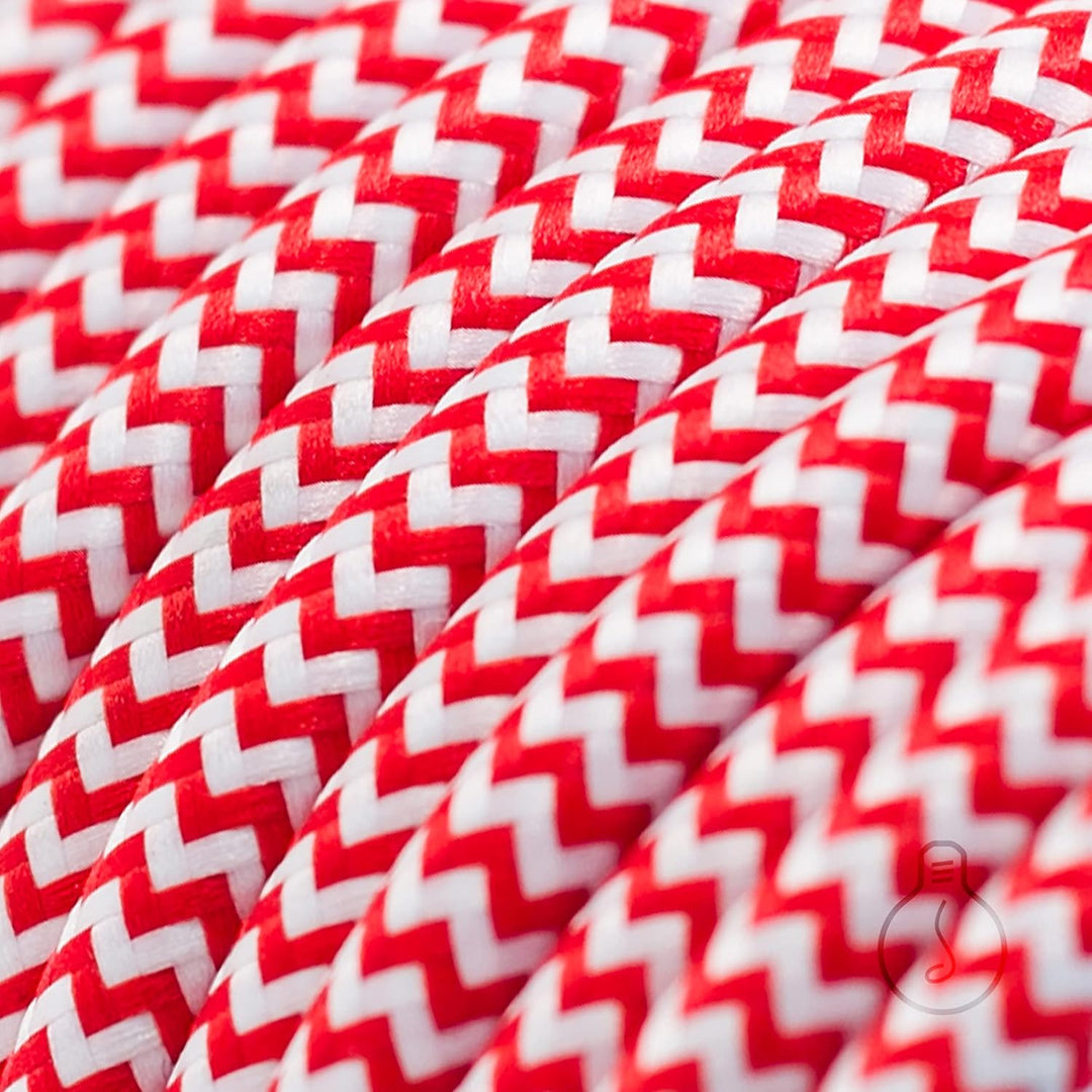 Amarcords - Textilkabel für Lampen WEISS-ROTES ZICKZACK, rund, Seide, 3 Meter, mit Erdung 3x0,75 - S