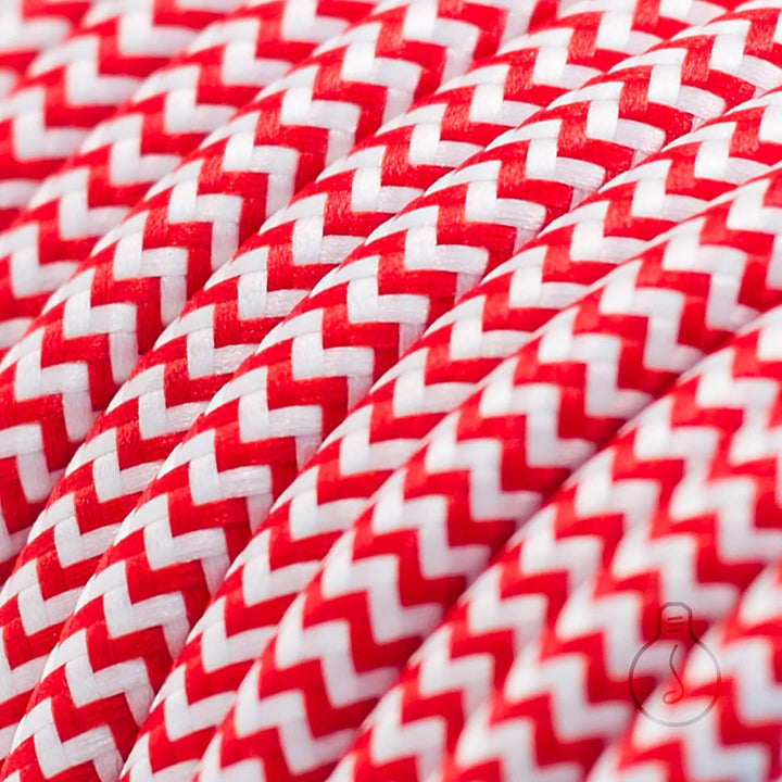 Amarcords - Textilkabel für Lampen WEISS-ROTES ZICKZACK, rund, Seide, 3 Meter, mit Erdung 3x0,75 - S