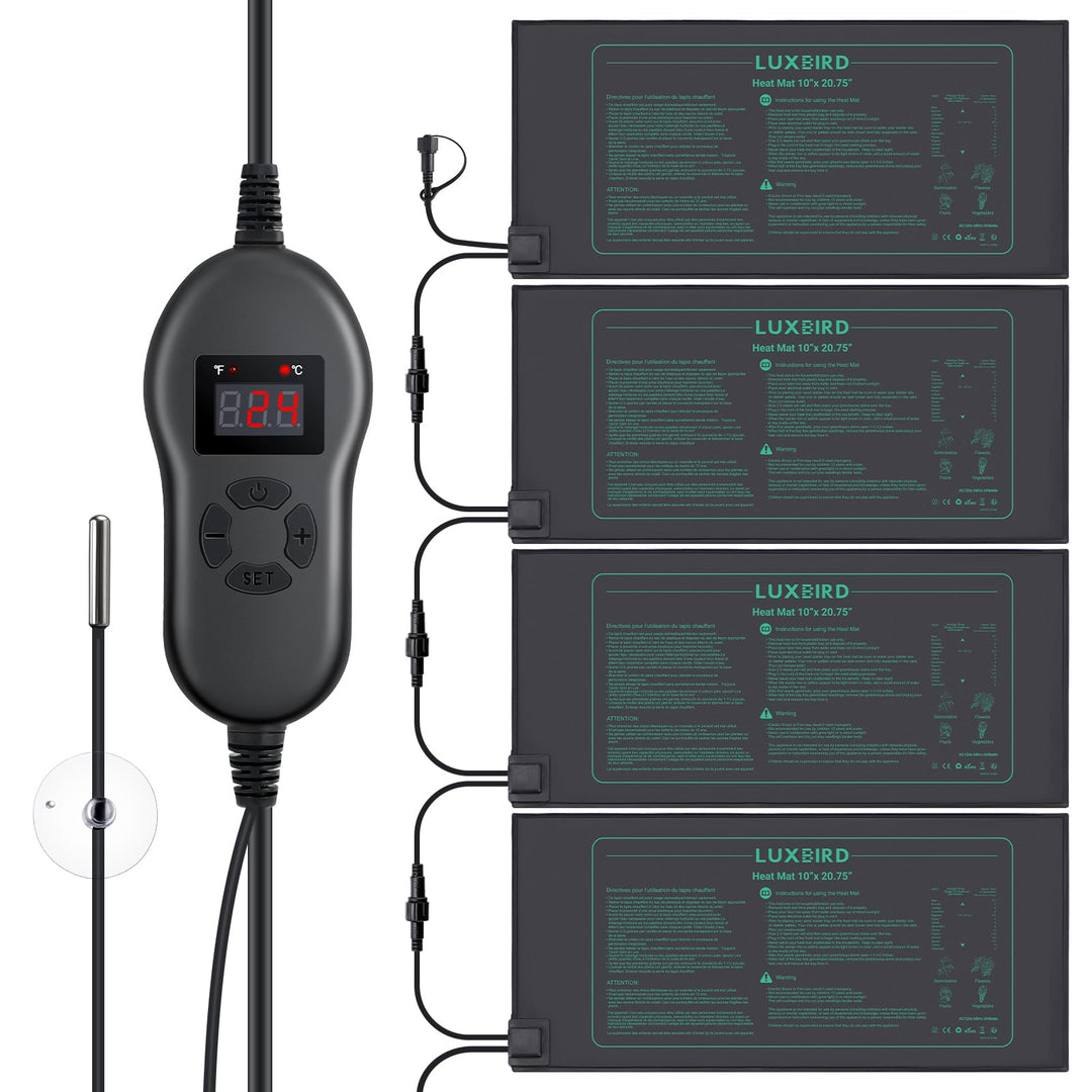 Luxbird Heizmatte mit Thermostat, 4 Heizmatten mit 1 Controller, Zimmergewächshaus Wärmematte 30 Wat