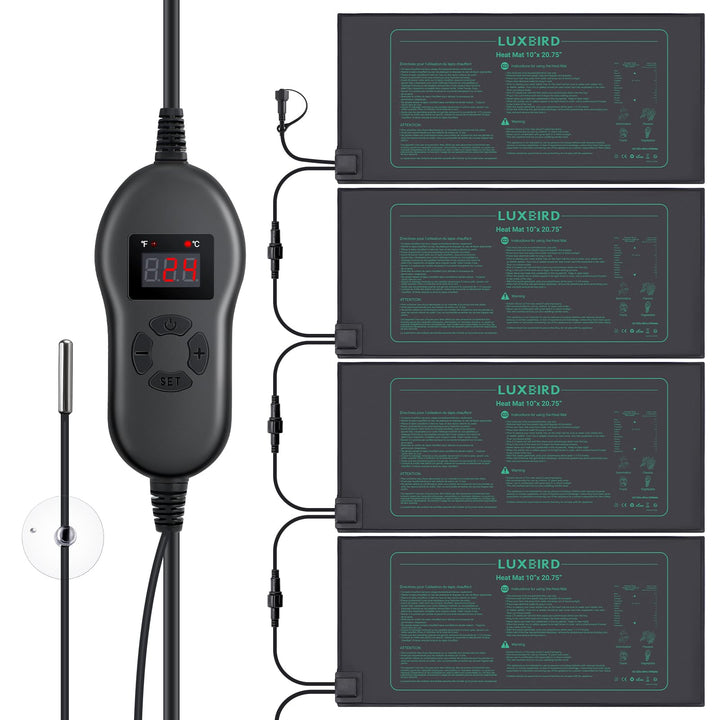 Luxbird Heizmatte mit Thermostat, 4 Heizmatten mit 1 Controller, Zimmergewächshaus Wärmematte 30 Wat