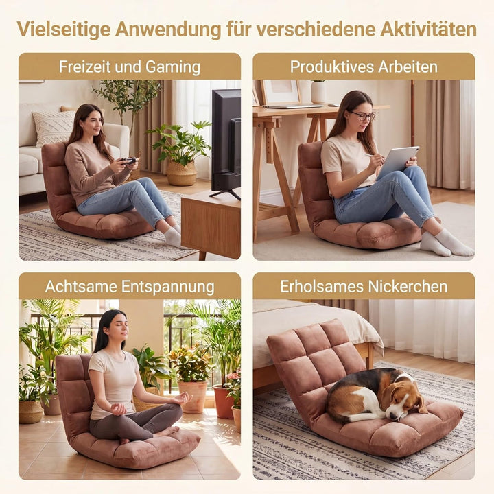RELAX4LIFE Bodenstuhl klappbar, Bodensessel mit Liegefunktion (Braun) | Bodensitz mit Verstellbarer