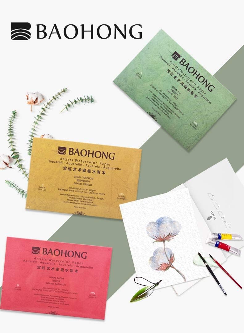 BAOHONG Künstler-Aquarell-Papierblock (20 Blatt, an vier Kanten geklebt), 100 % Baumwolle, säurefrei