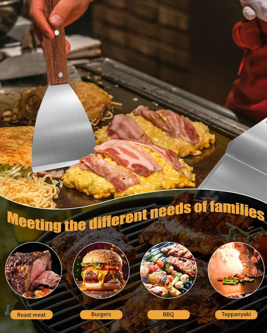 Kureny Grillspachtel Set aus Edelstahl,Grillspachtel Set mit Holzgriff,Kreativer Grillwender, Einzig