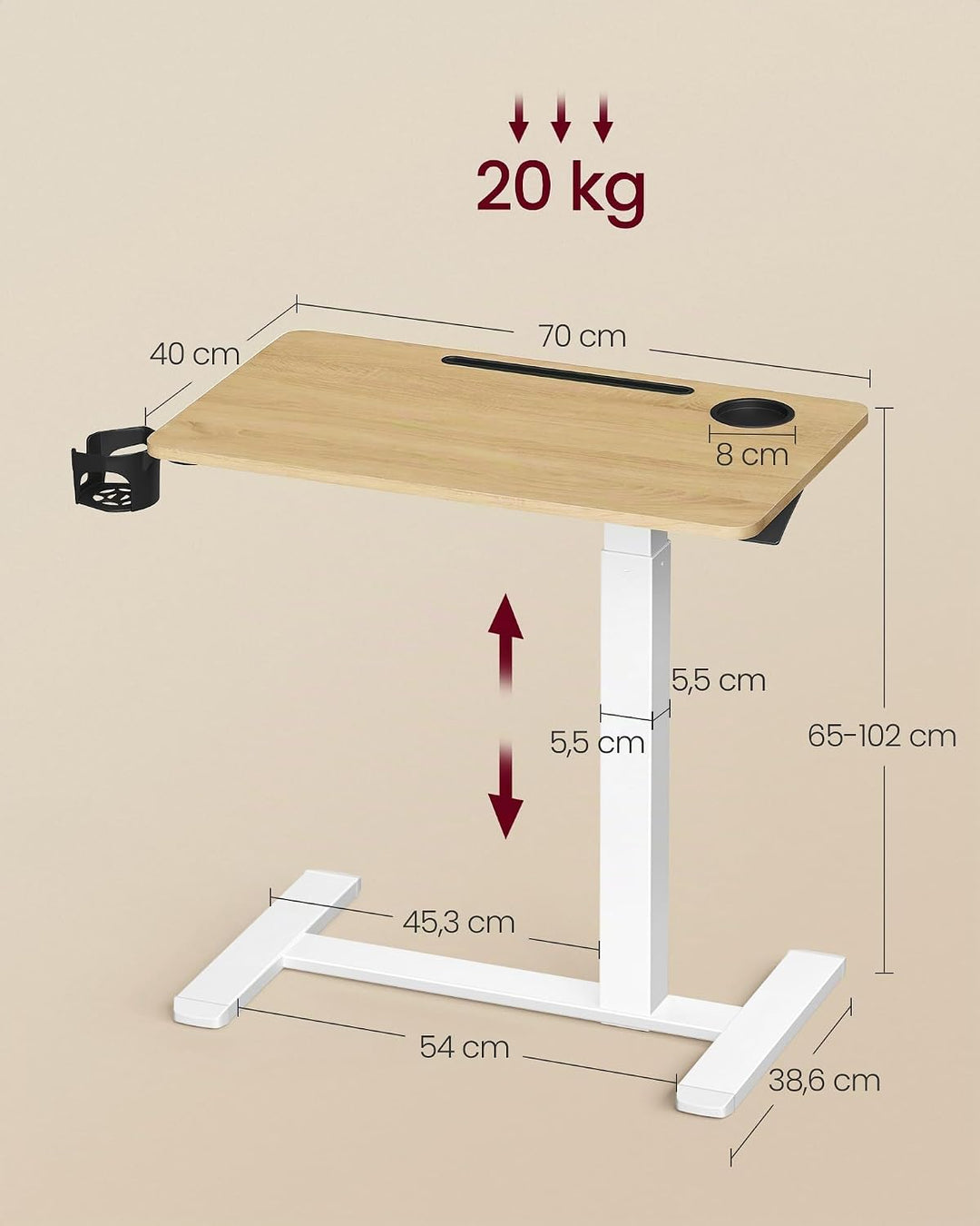 VASAGLE Beistelltisch mit Rollen, mobiler Stehtisch, 70 x 40 cm grosse Tischplatte, verstellbare Höh