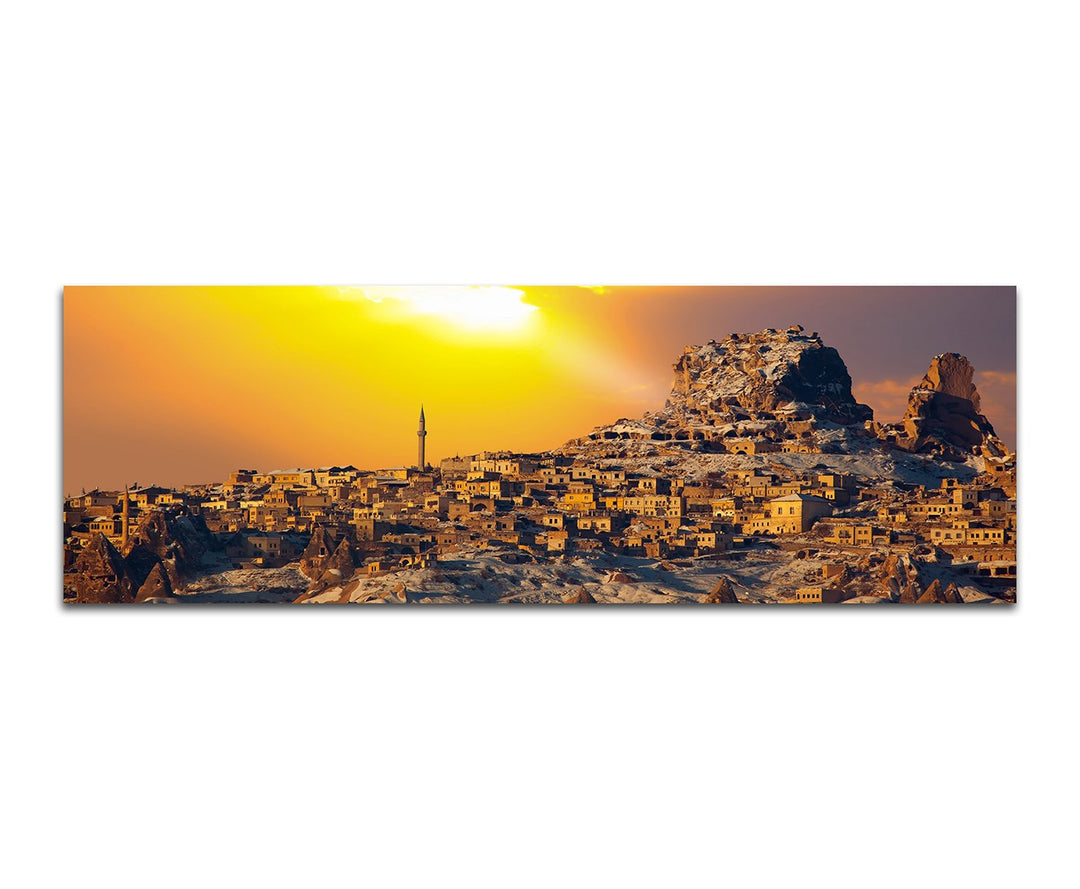 Paul Sinus Art Panoramabild auf Leinwand und Keilrahmen 150x50cm Kappadokien Stadt Häuser Sonnenunte