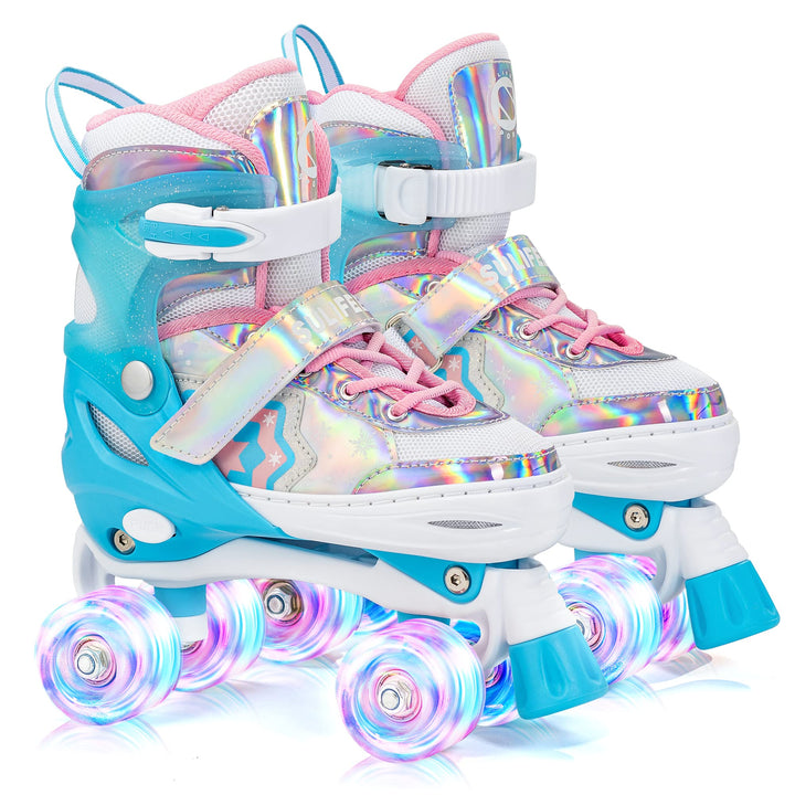 SULIFEEL Rainbow Unicorn Verstellbare Rollschuhe für Kinder mit Leuchtenden Rädern für Mädchen und J