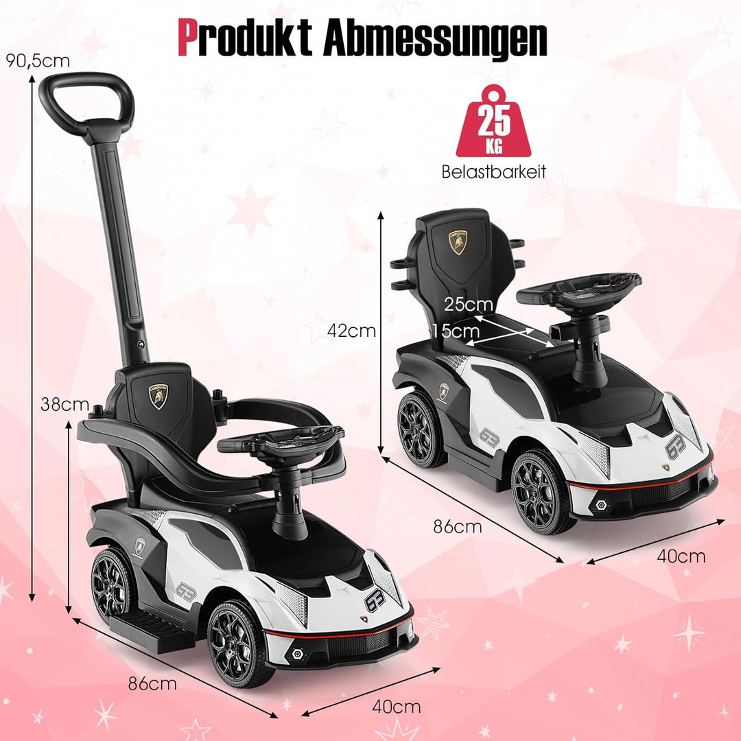 DREAMADE Rutschauto Lamborghini, 3 in 1 Rutschfahrzeug mit Schiebestange, Hupe, Stauraum & Verstellb