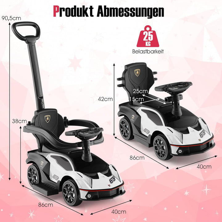 DREAMADE Rutschauto Lamborghini, 3 in 1 Rutschfahrzeug mit Schiebestange, Hupe, Stauraum & Verstellb