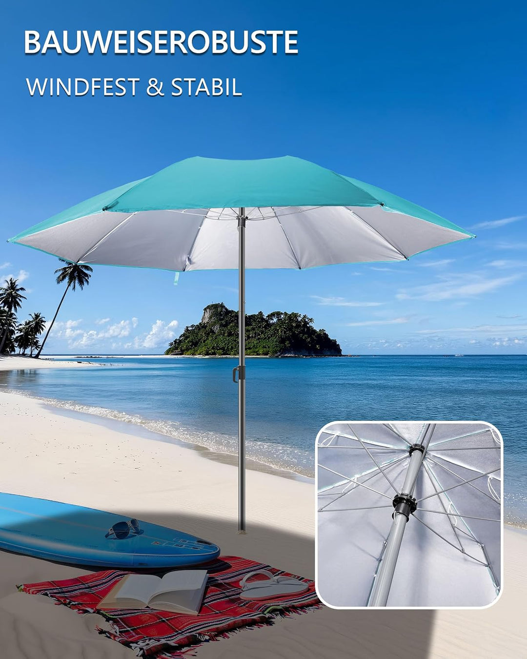 4smile Sonnenschirm Strand Ø 160 cm - UPF 50+ Praktischer Reise Sonnenschirm für Koffer - Funktionel