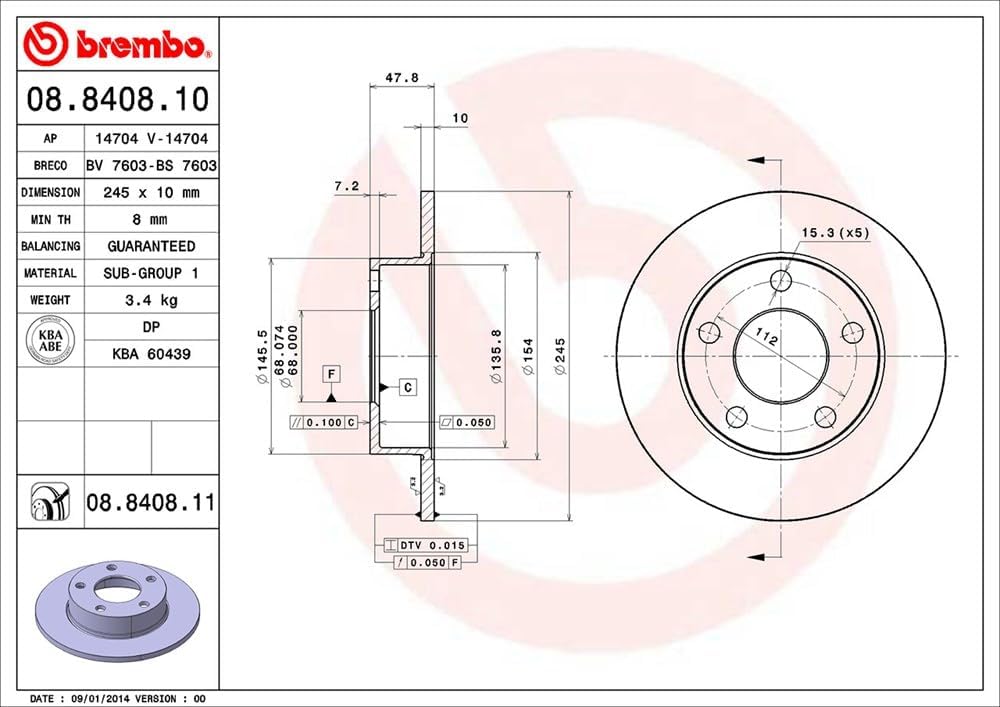 Brembo 08.8408.11 Hintere Bremsscheibe, Anzahl 2