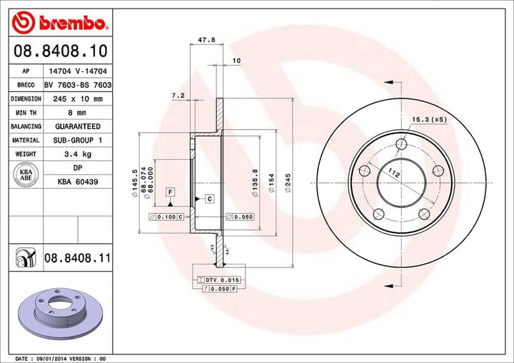 Brembo 08.8408.11 Hintere Bremsscheibe, Anzahl 2
