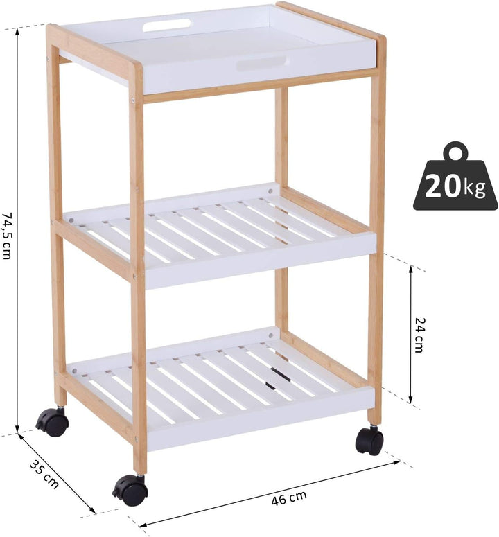 HOMCOM Küchenrollwagen Küchenwagen rollbar Küchentrolley Servierwagen abnehmbares Tablett Bambus + M