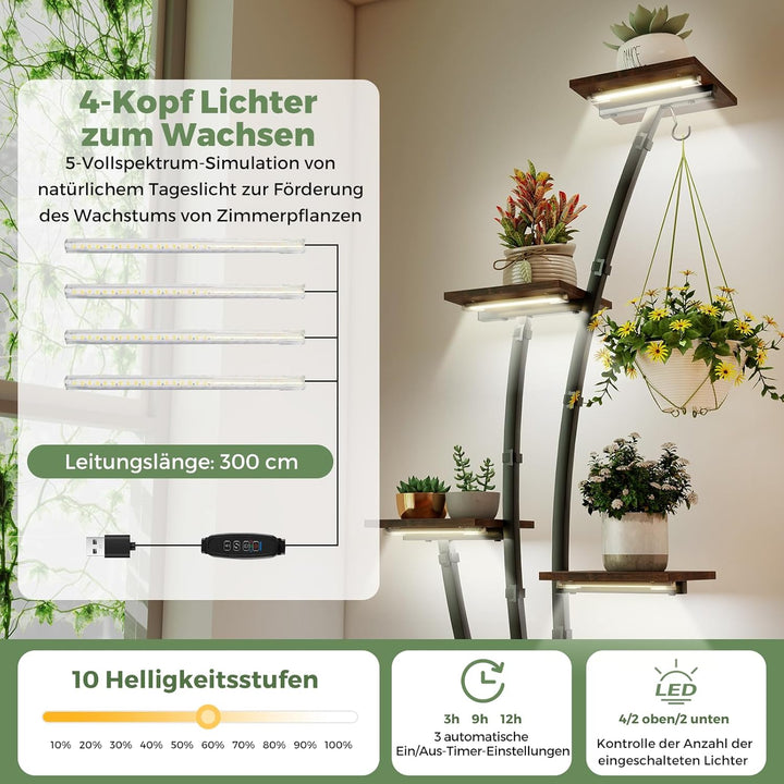 COSTWAY 2 Pack Pflanzenständer mit Wachstumslichtern, 8-stöckiges Pflanzenregal, Blumenständer Innen