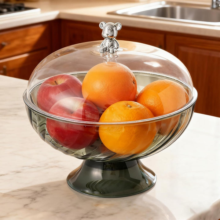 Obstschale mit Deckel und Abtropfeinsatz – Kunststoff Fruchtschale mit Fuss für Tischdeko, Snackscha