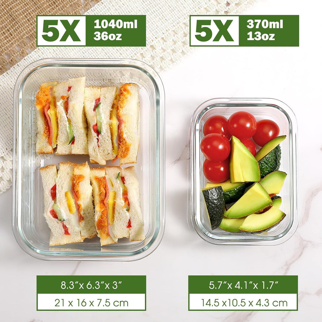 YASHE Glasbehälter mit Deckel, 10 Teile Stapelbar & Luftdicht Meal Prep Boxen Glas für Spülmaschine,