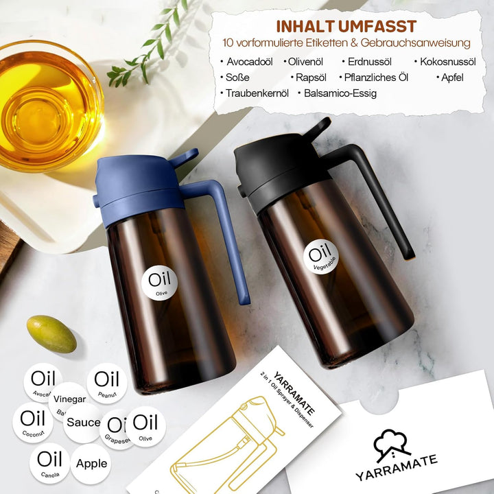 YARRAMATE 2 Stück 470ml Ölsprüher zum Kochen, 2-in-1 UV Schutz ölzerstäuber für die Küche, Bernstein