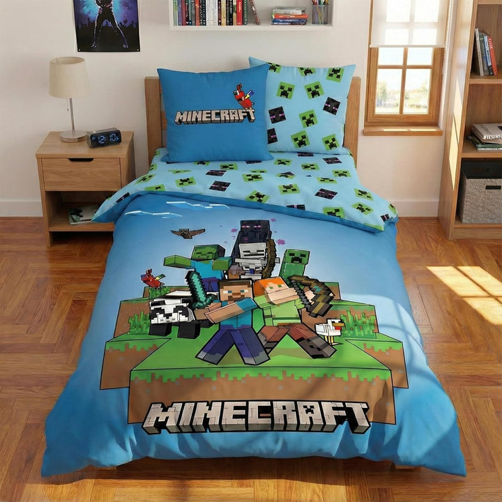 Minecraft Bettwäsche-Set, 3-teilig, Bettbezug 140 x 200 cm, Kissenbezug 63 x 63 cm, Spannbettlaken 9
