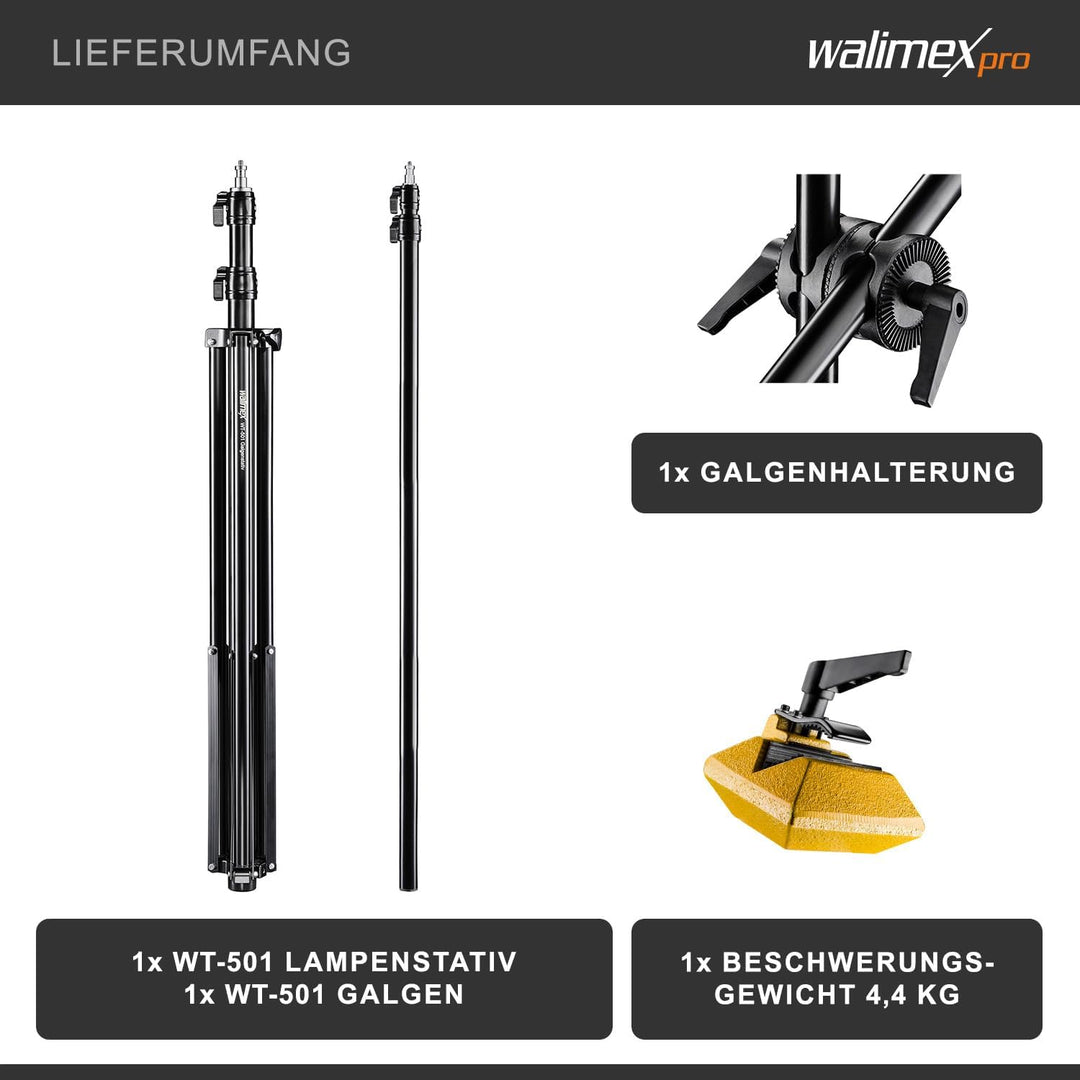 Walimex pro WT-501 Galgenstativ (max. Höhe ca. 175 cm und Belastbarkeit ca. 5 kg), Schwarz Single, S