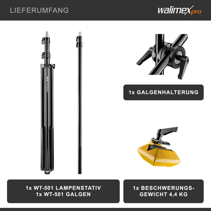 Walimex pro WT-501 Galgenstativ (max. Höhe ca. 175 cm und Belastbarkeit ca. 5 kg), Schwarz Single, S