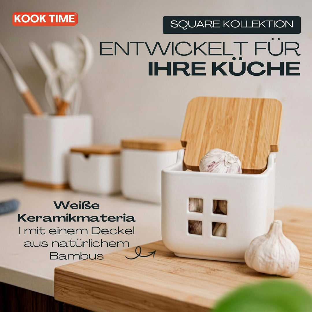 KOOK TIME Knoblauch Dose - Matt Weiss Keramik Knoblauchtopf mit Bambusholz Deckel, Perfekte Knoblauc