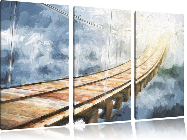 Pixxprint Hölzerne Brücke in den Wolken / 3-Teilig/Gesamtmass 120cm Leinwandbild bespannt auf Holzra
