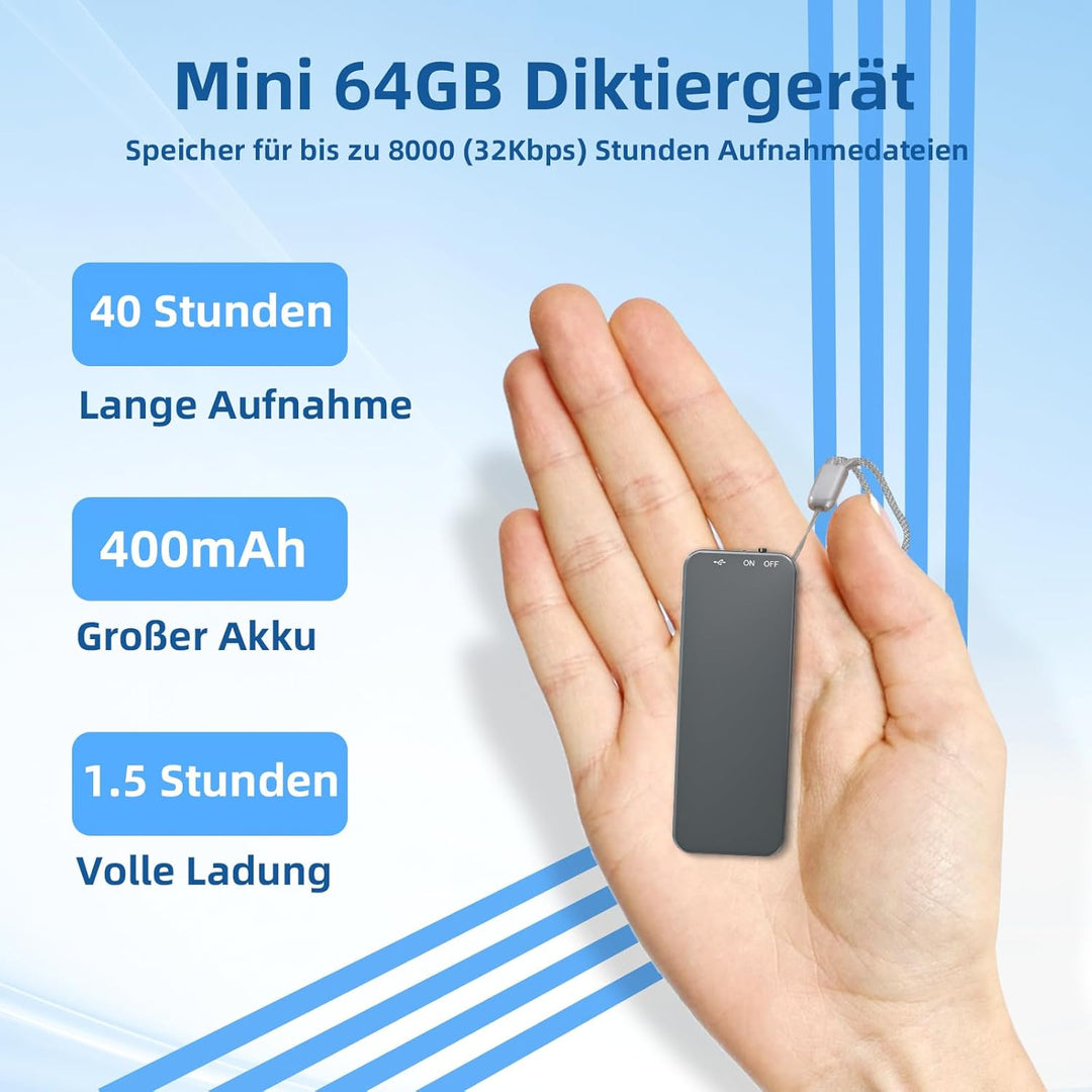 64GB Ponovo Diktiergerät im Schlüsselanhänger-Design mit Metallgehäuse, EIN-Tasten-Bedienung, 1536kb