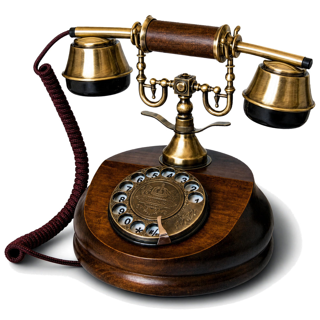 Opis 1921 Cable - Modell A - Retro Telefon aus Holz und Metall mit echter, rotierender Wählscheibe u