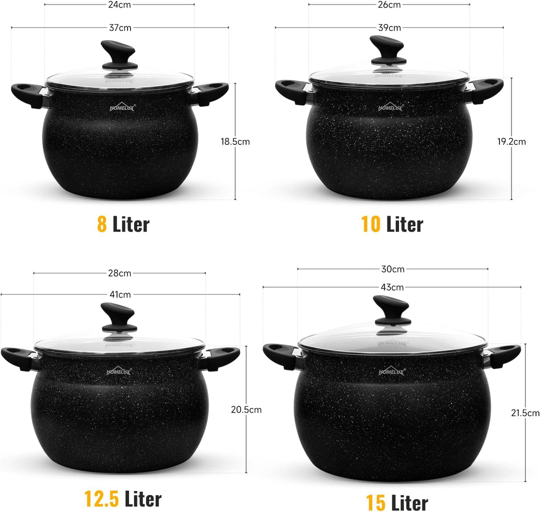 Homelux Topfset Induktion 8-teilig, 8+10+12,5+15L Kochtopf Set mit Glasdeckel, Induktions Töpfe Set