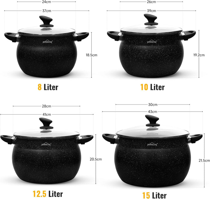 Homelux Topfset Induktion 8-teilig, 8+10+12,5+15L Kochtopf Set mit Glasdeckel, Induktions Töpfe Set