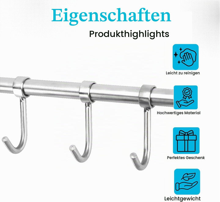 Hängeleiste für die Küche aus Edelstahl mit 5 beweglichen Haken zum Bohren - 35.8 x 3.4 x 2.2 cm - K