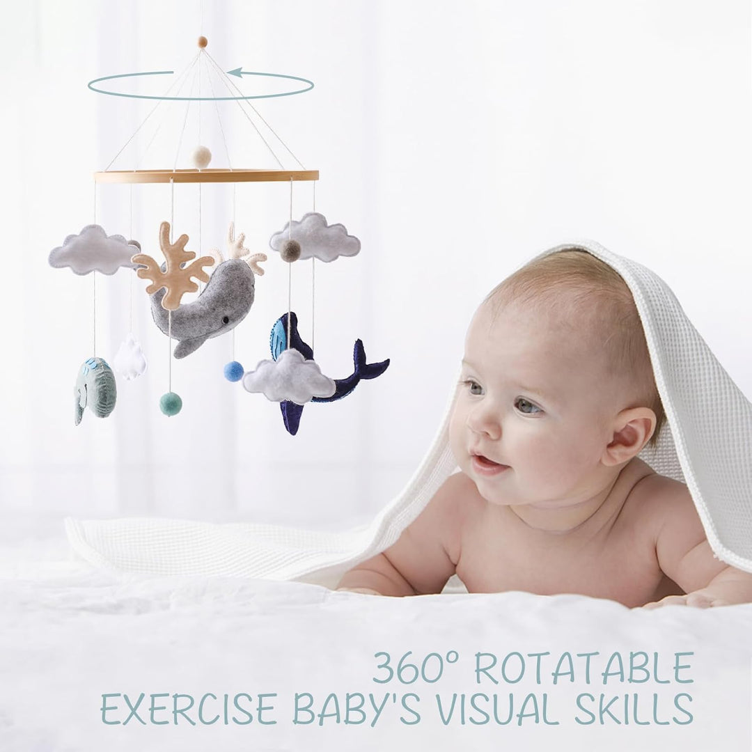 Promise Babe Mobile Baby Meerestiere mit Filzbällen, Babyzimmer Tier Delphine Wale Holz Gehäkelt Mob