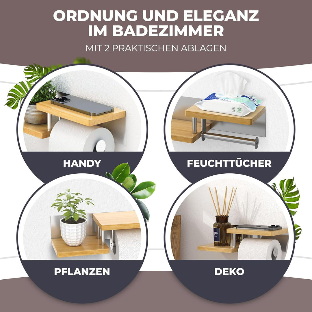 Toilettenpapierhalter Holz Bambus [KLEBEN oder Bohren] | hochwertiger Klopapierhalter ohne Bohren mi