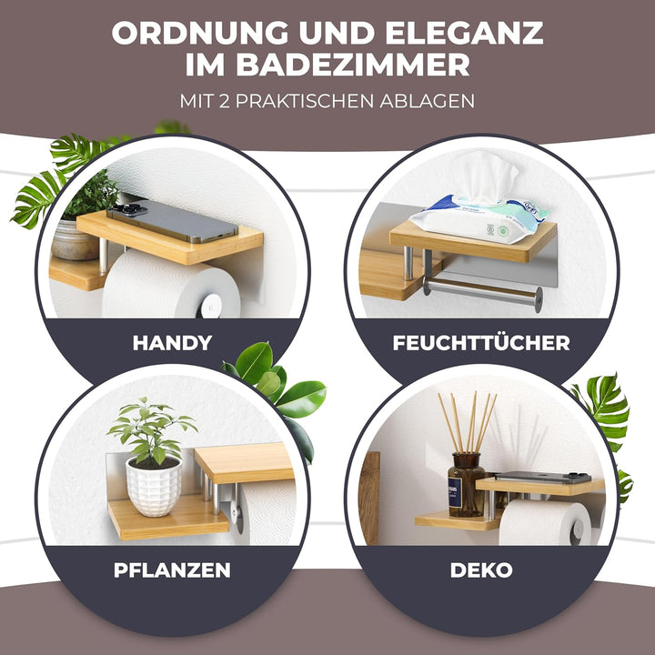 Toilettenpapierhalter Holz Bambus [KLEBEN oder Bohren] | hochwertiger Klopapierhalter ohne Bohren mi