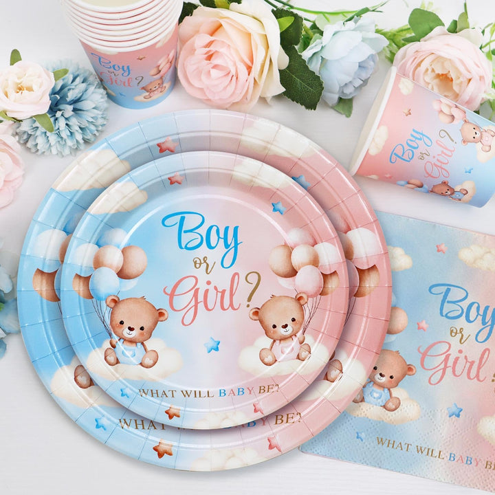 Gender Reveal Party Deko Partygechirr Set für 24 Gäste, 96pcs Babyshower Wiederverwendbare Papptelle
