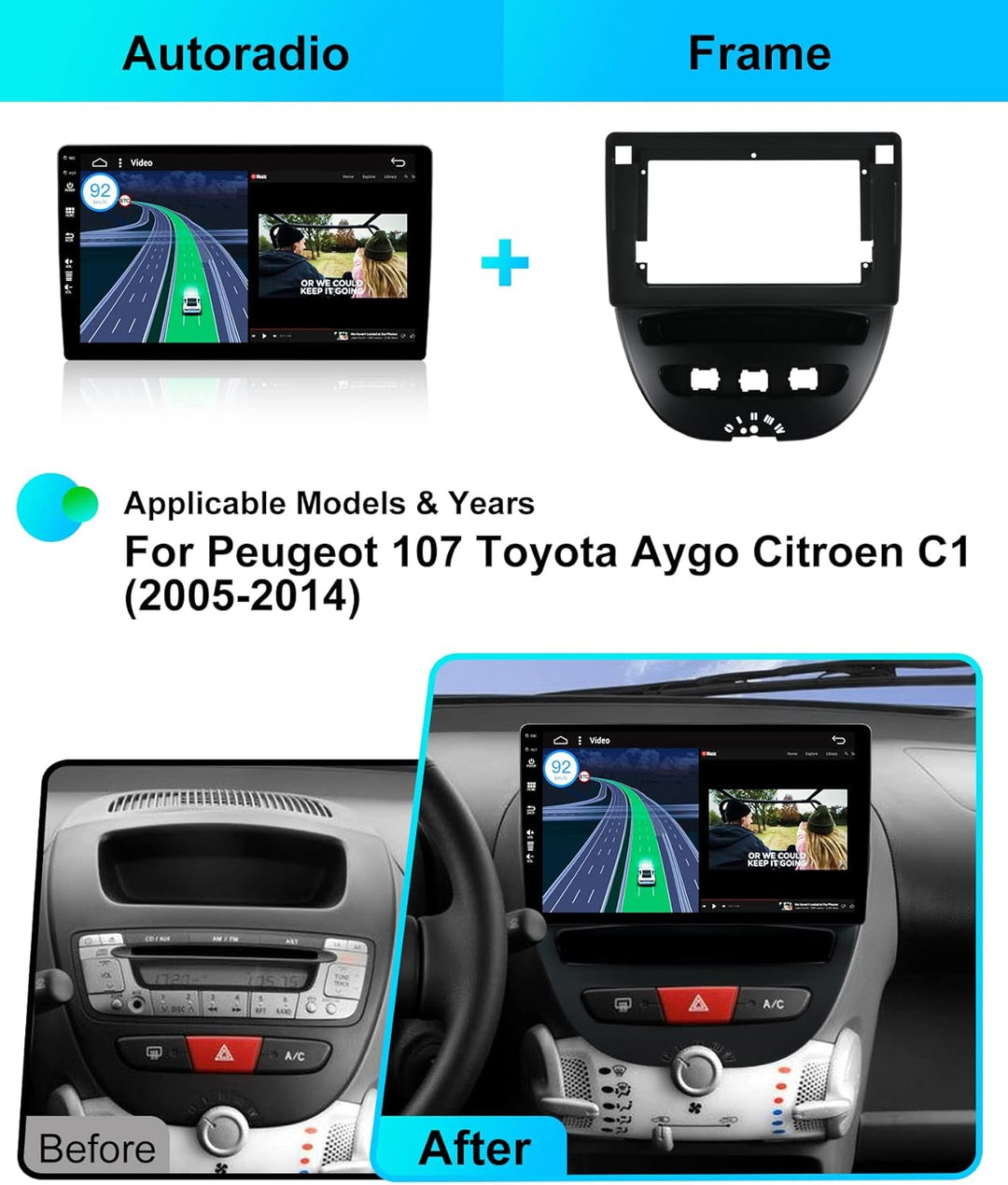 Android 15 IPS Autoradio Passt für Toyota Aygo/Peugeot 107/Citroen C1 (2005-2014) - Eingebautes CarP
