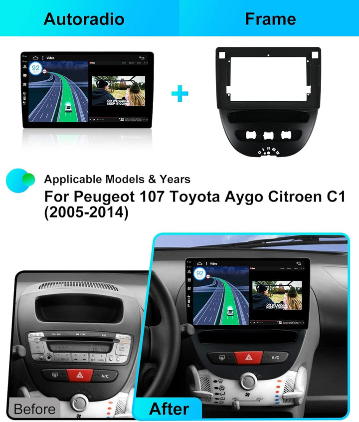 Android 15 IPS Autoradio Passt für Toyota Aygo/Peugeot 107/Citroen C1 (2005-2014) - Eingebautes CarP