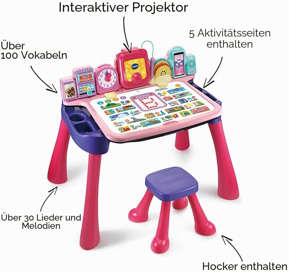 VTech - Magi Interaktiver Schreibtisch 5 in 1, Rosa, Kinderschreibtisch mit Hocker, beleuchtetem Dis