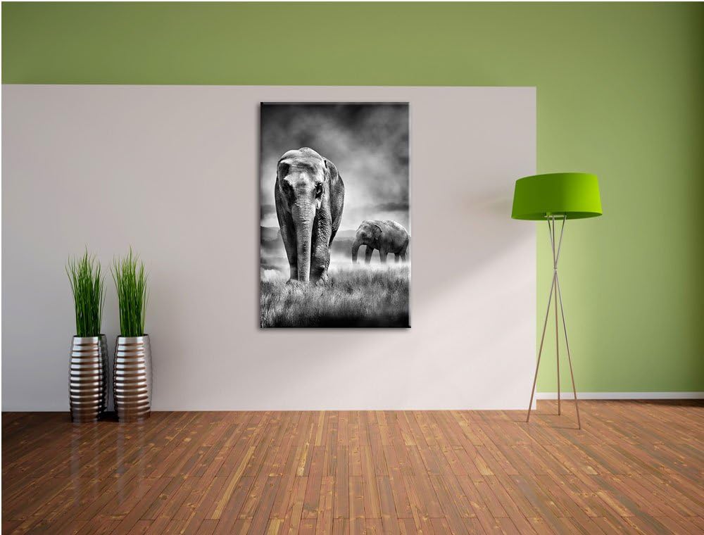 Monocrome, Prächtige Elefanten in Steppe, Format: 100x70 auf Leinwand, 100x70