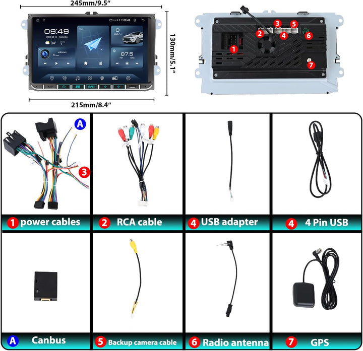 Android Autoradio Bluetooth mit Bildschirm(9”) für VW Golf 5 6 T5 Polo 6r Caddy Passat Touran Seat,