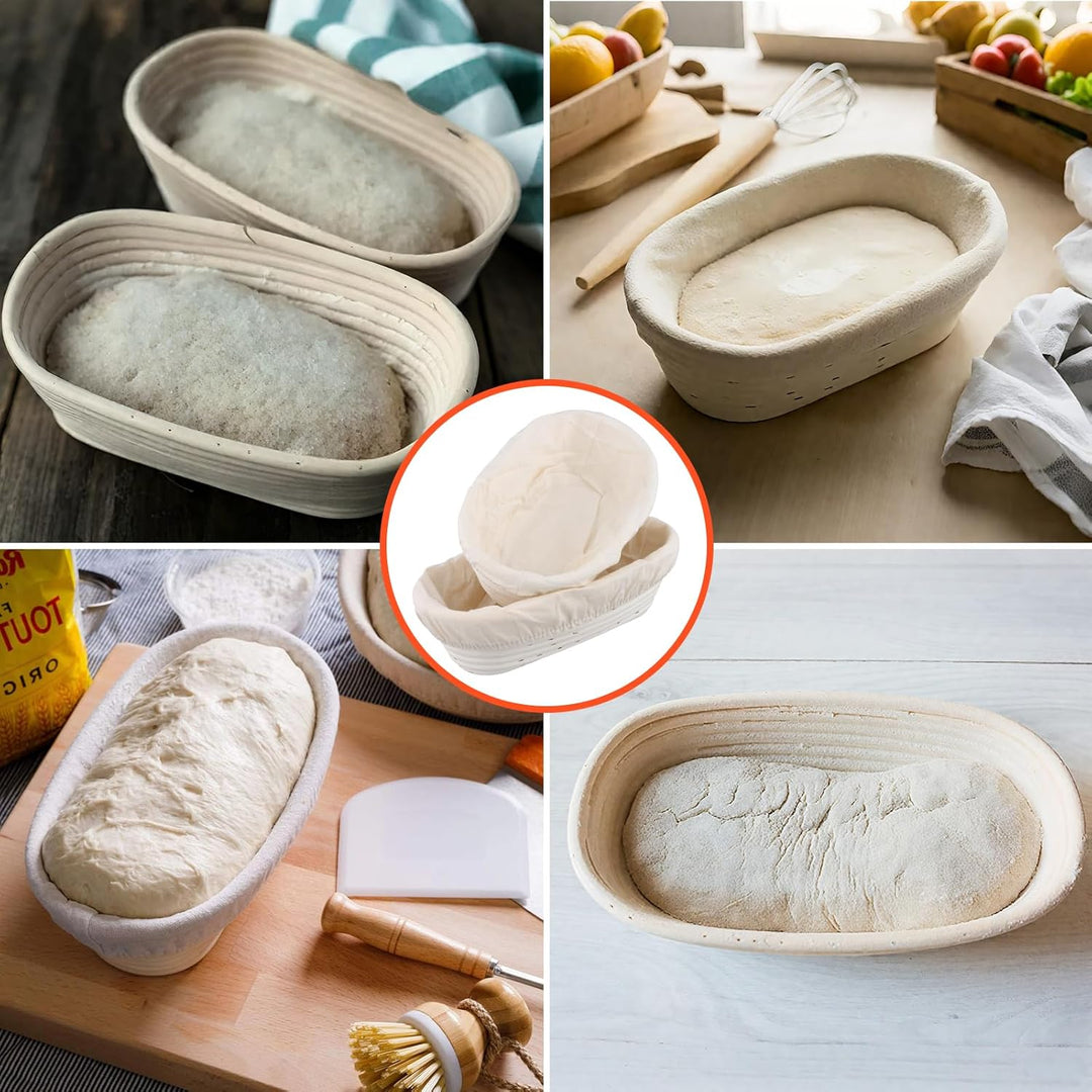 SINJEUN 2er Set Gärkorb Oval 25 cm und 28 cm, Rattan Brotkorb mit Leinentuch für Brot Backen, Küche,