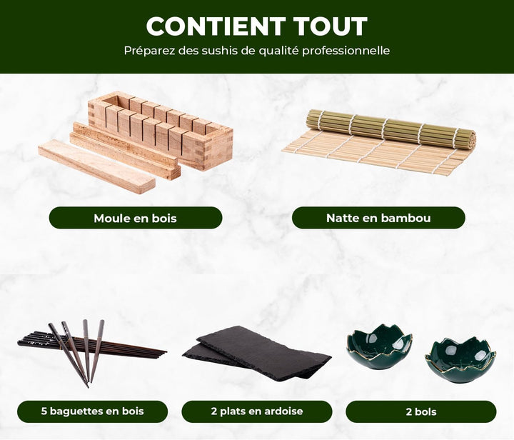 Sushi-Set aus Holz + 5 Essstäbchen + 2 Teller aus Schiefer + Zubehör | Sushi-Set | Sushi Maker aus H