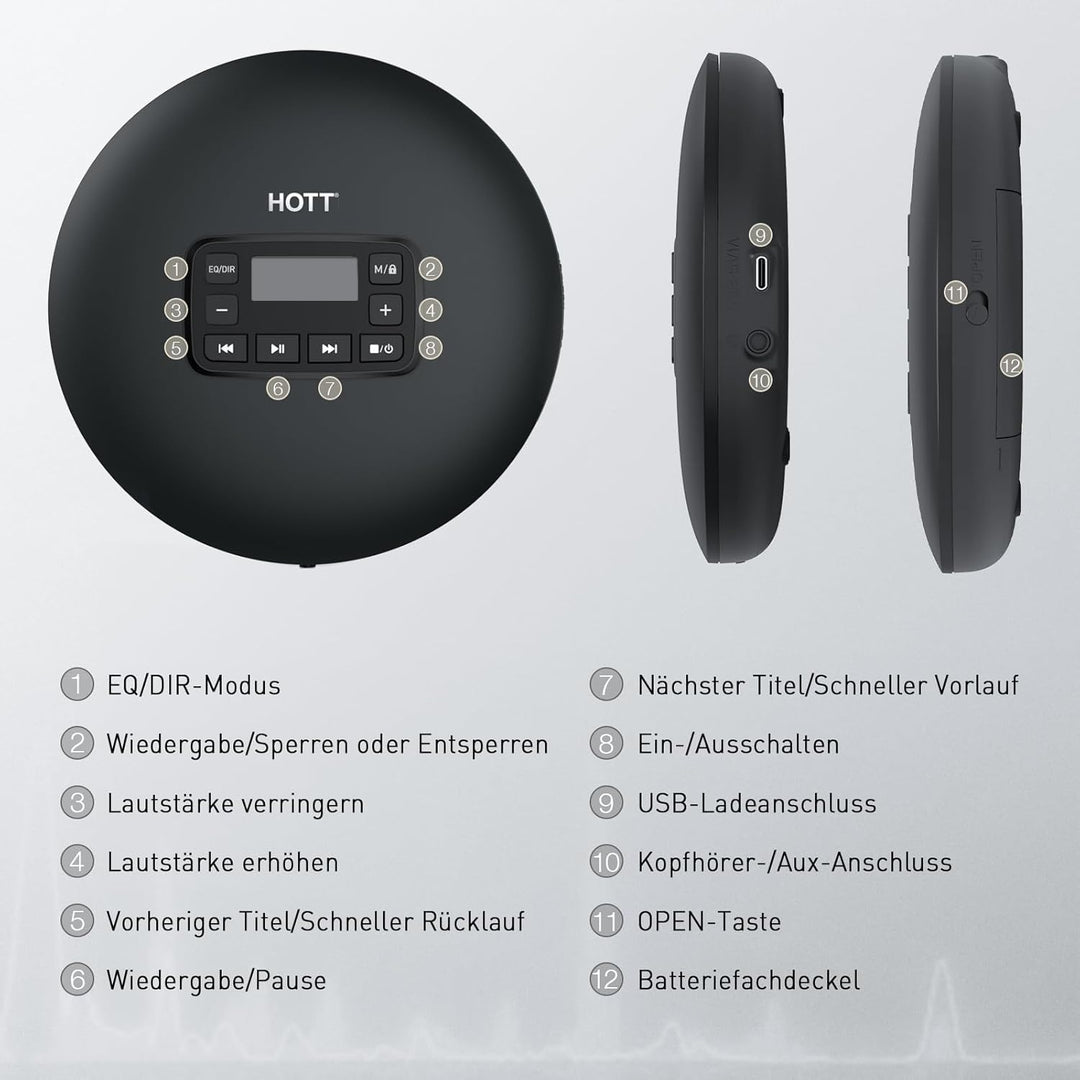 HOTT Tragbarer CD Player Kompakter Player Trockenbatterie-betriebener CD-Player mit Tastensperre/Ant