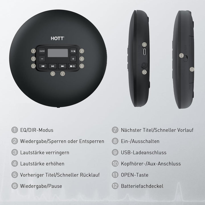 HOTT Tragbarer CD Player Kompakter Player Trockenbatterie-betriebener CD-Player mit Tastensperre/Ant
