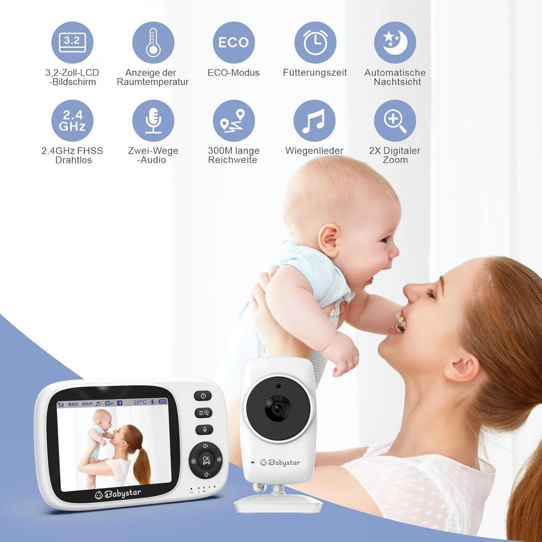 Babystar Babyphone mit Kamera, 3.2 Zoll Video-Babyphone Wireless, Nachtsicht, Temperaturüberwachung,